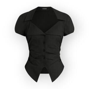 Cider Ruched Black Collared Button Top – Split Hem Modern Romantic